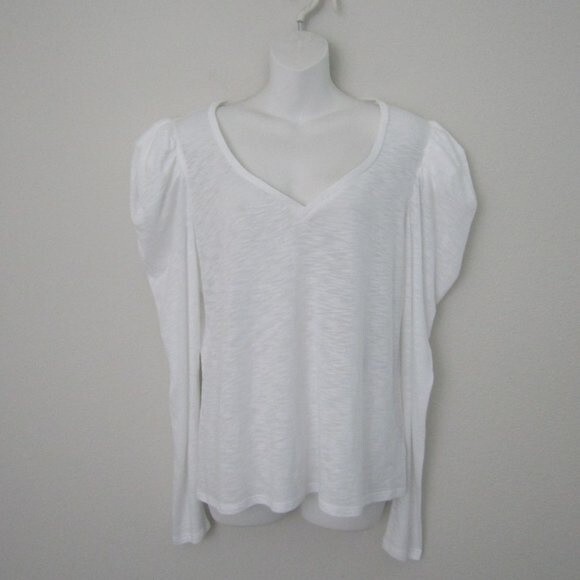 Express Women's Top Modal Slub Puff Sleeves White Large Casual Elevated Basic - Picture 1 of 9